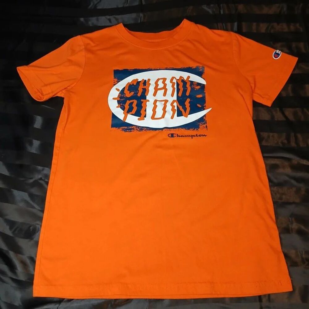 Champion Boys Vibrant Orange Distressed Spellout Athletic Tee Size 8